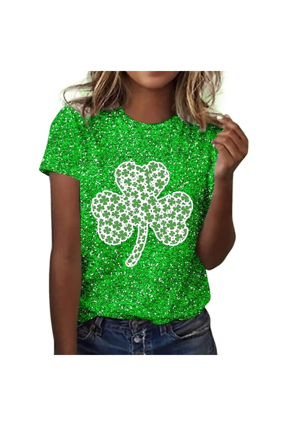 St Patricks Day Shirts for Women 2025 Glitter Shamrock Print Short Sleeve Tops Casual Crewneck Green Tshirt