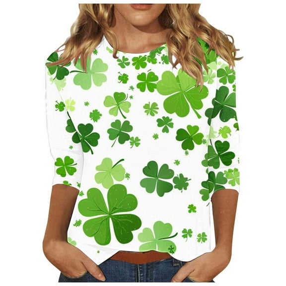 LIaqionyy St. Patricks Day Tops for Women Trendy Casual Round Neck 3/4 Sleeve Loose Pullover Shamrock T-Shirt