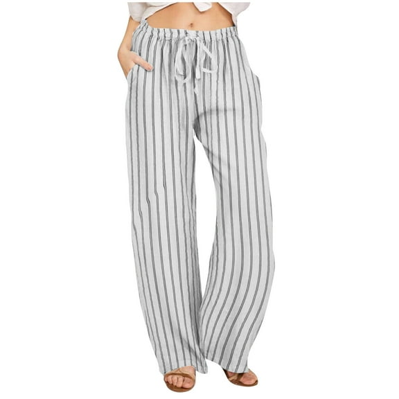 LIaqionyy Striped Pants for Women Casual Drawstring High Waist Palazzo Pants Summer Loose Wide Leg Trousers
