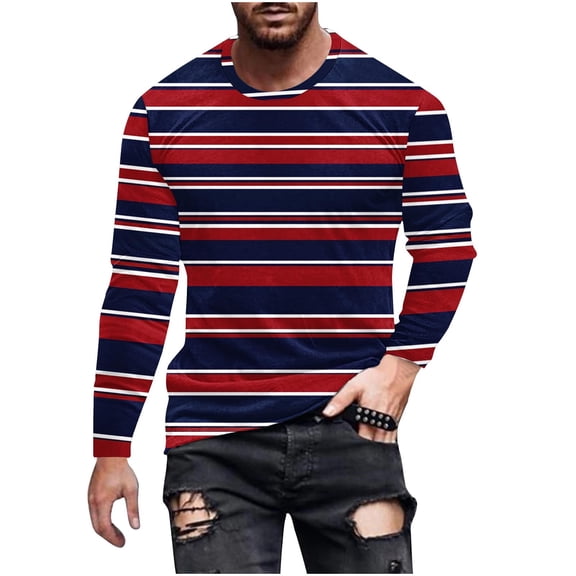 LIaqionyy Striped Shirts For Men Long Sleeve Crew Neck Basic Blouse Casual Color Block Work Tee Tops