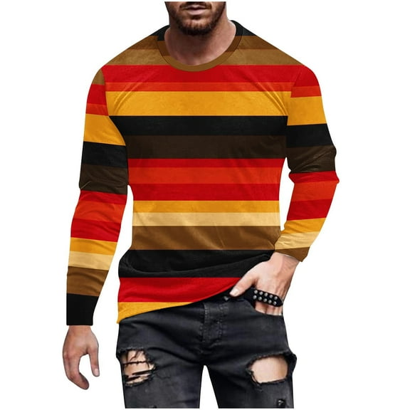 LIaqionyy Striped Shirts For Men Long Sleeve Crew Neck Basic Blouse Casual Color Block Work Tee Tops