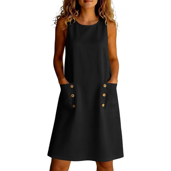 LIaqionyy Summer Dresses for Women Cotton Linen Sleeveless Casual Sundress Tank Beach Vacation Dress with Pockets