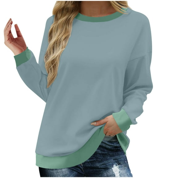 LIaqionyy Sweatshirts for Women Crewneck Long Sleeve Baggy Tops Trendy Color Block Pullover Fall Winter Clothes 2024