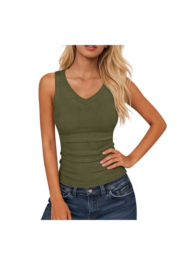 Tank Tops for Women V Neck Ribbed Knit Slim Sleeveless Basic Tee Casual Summer Going out Clothes