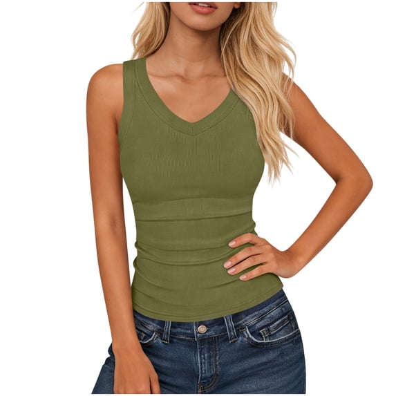 LIaqionyy Tank Tops for Women V Neck Ribbed Knit Slim Sleeveless Basic Tee Casual Summer Going out Clothes