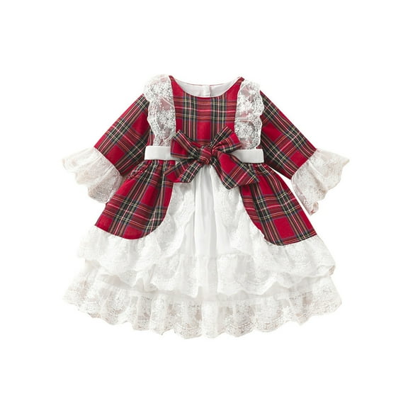 LIaqionyy Toddler Baby Girl Christmas Dress Plaid Long Sleeve Classic Lace Princess Dress Party Cosplay Outfit for Kids