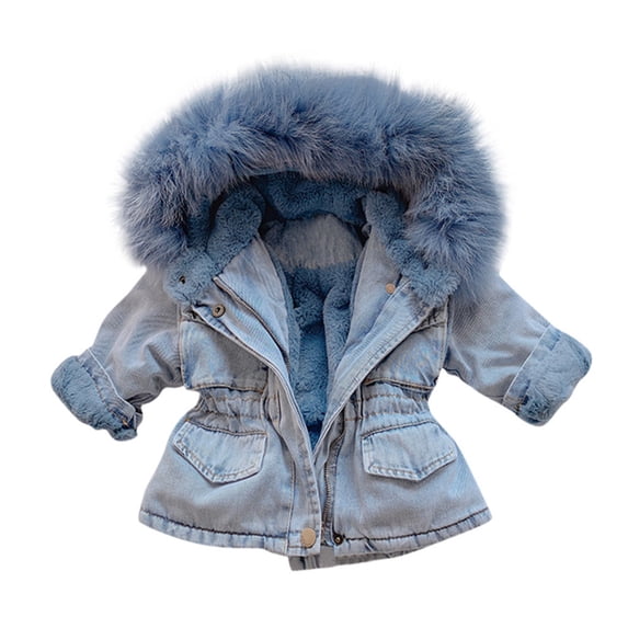 LIaqionyy Toddler Baby Girls Denim Jacket Fuzzy Collar Hooded Jean Coat Warm Thicken Fleece Lined Plush Outwear Snowsuit
