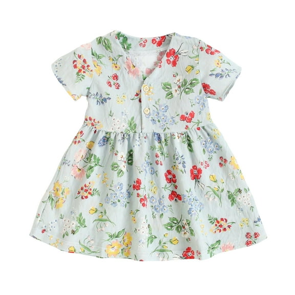 LIaqionyy Toddler Baby Girls Floral Cotton Dress Short Sleeve V Neck Summer Dress Kids Cute Print Sundress Princess Dress