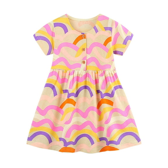 LIaqionyy Toddler Girls Cotton Dress Cute Printed Short Sleeve Princess Dresses Kids Casual Daily Wear Sundress