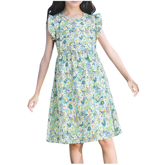 LIaqionyy Toddler Girls Cotton Dress Summer Ruffle Sleeve Floral Sundress for Kids Casual Beach Boho Party Everyday Dresses