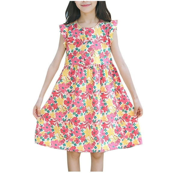LIaqionyy Toddler Girls Cotton Dress Summer Ruffle Sleeve Floral Sundress for Kids Casual Beach Boho Party Everyday Dresses