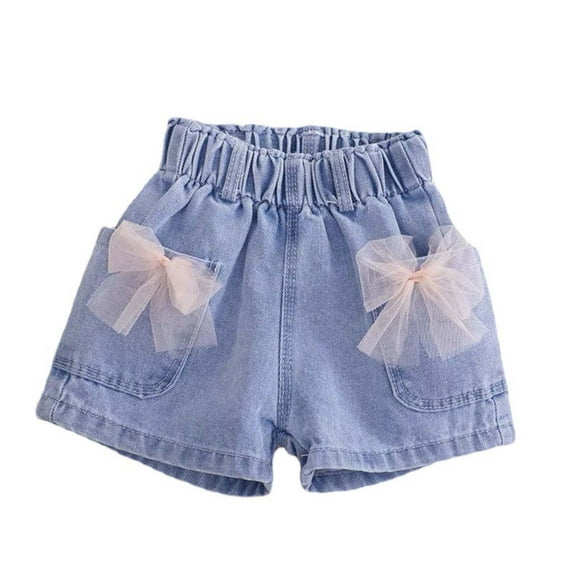 LIaqionyy Toddler Girls Jean Shorts 1-12 Years Elastic Waist Wide Leg Cute Decor Denim Shorts for Kids