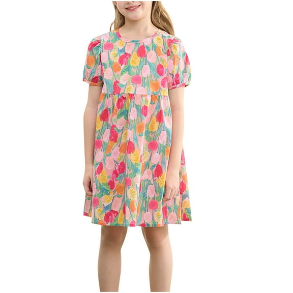LIaqionyy Toddler Girls Summer Short Sleeve Floral Prints Princess Dress Cute Girls Summer Casual Birthday Party Dresses