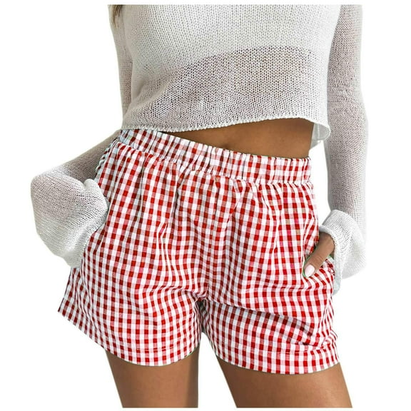 LIaqionyy Trendy Plaid Shorts for Women Elastic Waist Lounge Pajama Bottom Short Pants Going Out Loose Shorts