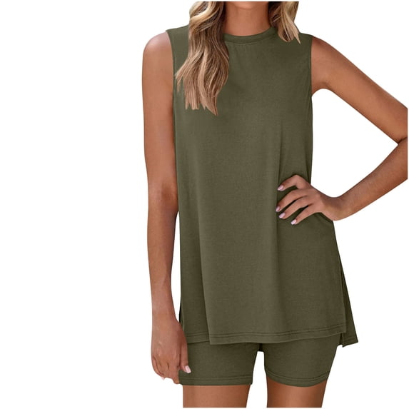 LIaqionyy Two Piece Sets for Women Sleeveless Lounge Set Crew Neck Tops Sweatsuit Shorts Tracksuit Outfits