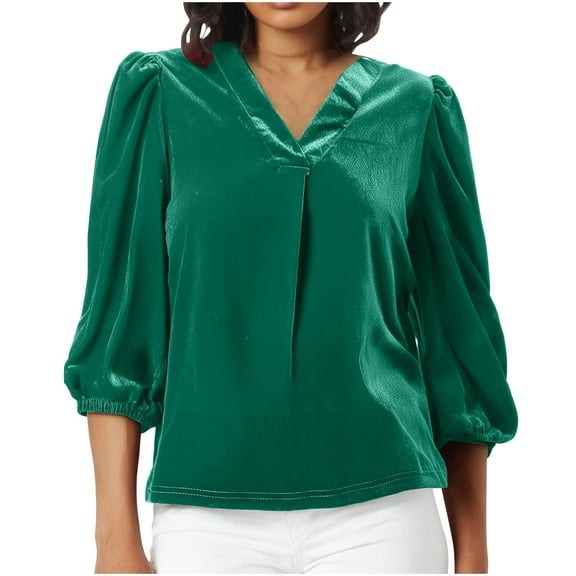 LIaqionyy Velvet Shirts for Womens V Neck 3/4 Sleeve Fall Winter Trendy Dressy Casual Loose Christmas Party Tunic Tops