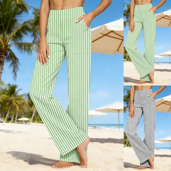 LIaqionyy Wide Leg Pants for Woman Cotton Linen High Waist Trousers with Pockets Casual Lounge Elastic Waist Pant
