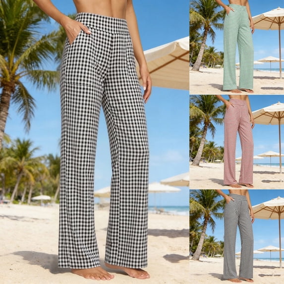 LIaqionyy Wide Leg Pants for Woman Cotton Linen High Waist Trousers with Pockets Casual Lounge Elastic Waist Pant