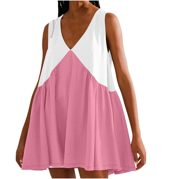 LIaqionyy Women 2024 Summer Casual Mini Dresses V Neck Flowy Sundresses Sleeveless Hot Short Dress Comfy Trendy Clothes