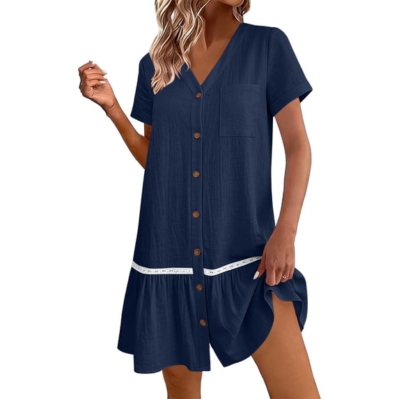 LIaqionyy Women Button down Dress Loose Summer Cotton Linen Dresses Short Sleeve Tunic Casual Sundresses