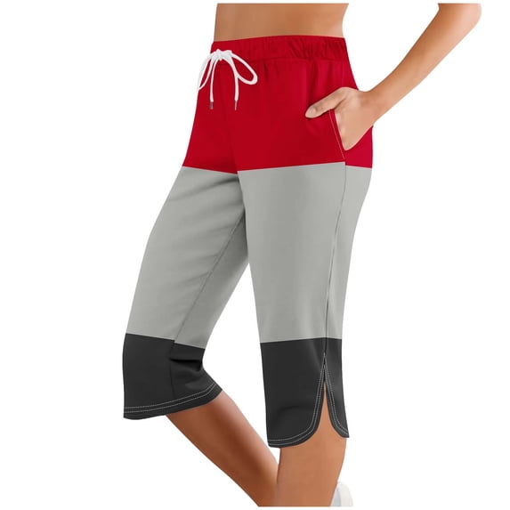 LIaqionyy Women Capri Pants Drawstring Comfy Casual Knee Length Color Block Summer Sweatpants with Pockets