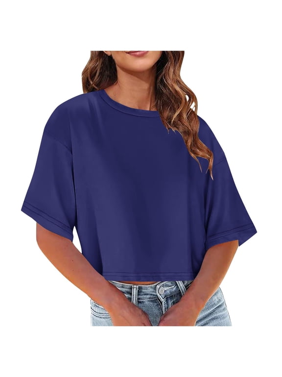 Women Cropped T Shirts Drop Shoulder Crew Neck Short Sleeve Crop Tops Casual Summer Solid Color Basic Tees