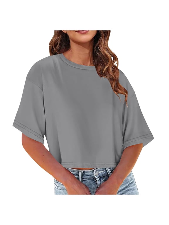 Women Cropped T Shirts Drop Shoulder Crew Neck Short Sleeve Crop Tops Casual Summer Solid Color Basic Tees
