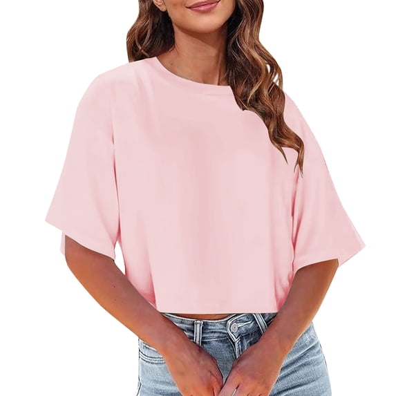 LIaqionyy Women Cropped T Shirts Drop Shoulder Crew Neck Short Sleeve Crop Tops Casual Summer Solid Color Basic Tees