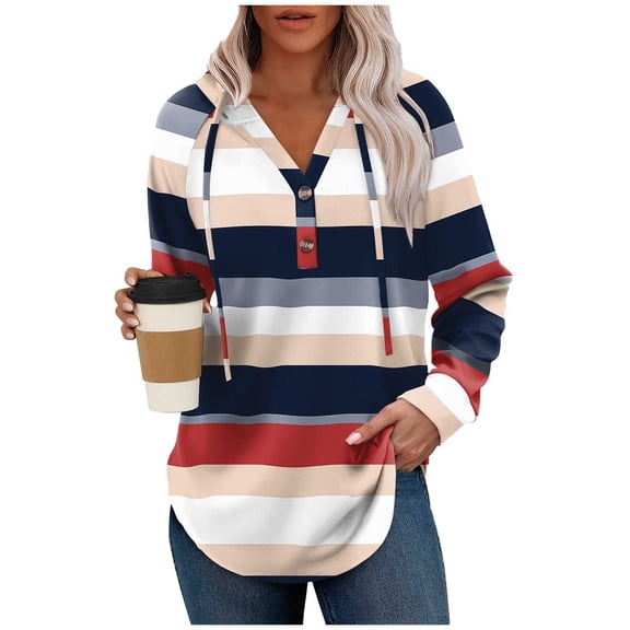 LIaqionyy Women Fall Hoodie Sweatshirts Striped V Neck Oversized Fashion Pullover Casual Long Sleeve Shirts