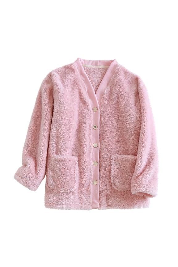 Women Fleece Pajamas Coat Sherpa Fuzzy Cardigan Button down Loungewear Loose Jacket with Pockets