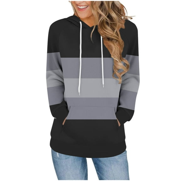 LIaqionyy Women Hoodie Sweatshirt Striped Pullover Drawstring Long Sleeve Casual Fall Trendy Outfits with Pockets