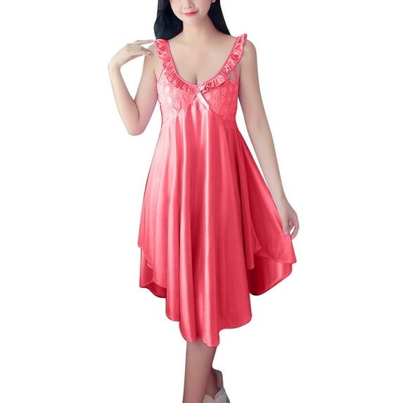 LIaqionyy Women Ice Silk Sleepwear Dress V Neck Sleeveless Layered Ruffle Lounge Homewear Loose Fitted Soft Sleepdress