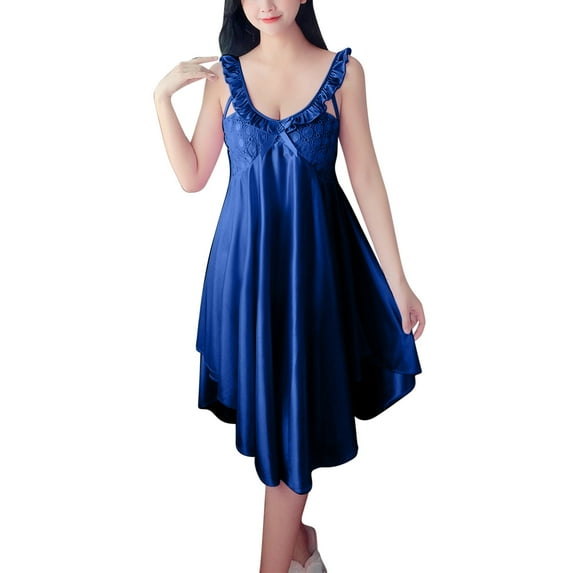 LIaqionyy Women Ice Silk Sleepwear Dress V Neck Sleeveless Layered Ruffle Lounge Homewear Loose Fitted Soft Sleepdress