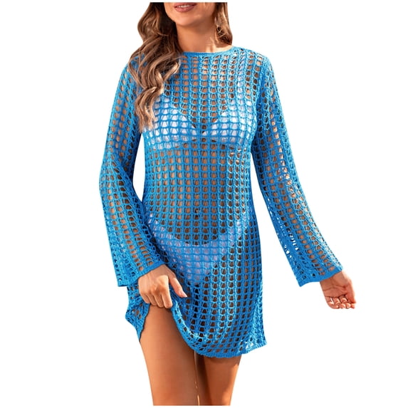 LIaqionyy Women Long Sleeve Crochet Swim Cover up Beach Hollow out Coverups Bikini Swimwear Bathing Suit Dress