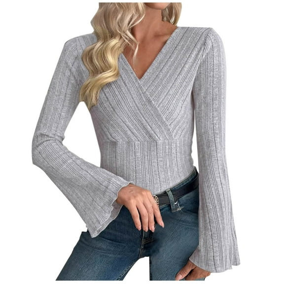 LIaqionyy Women Long Sleeve Tops V Neck Ribbed Knit Dressy Casual Tee Shirt Trendy Fall Blouse Outfits