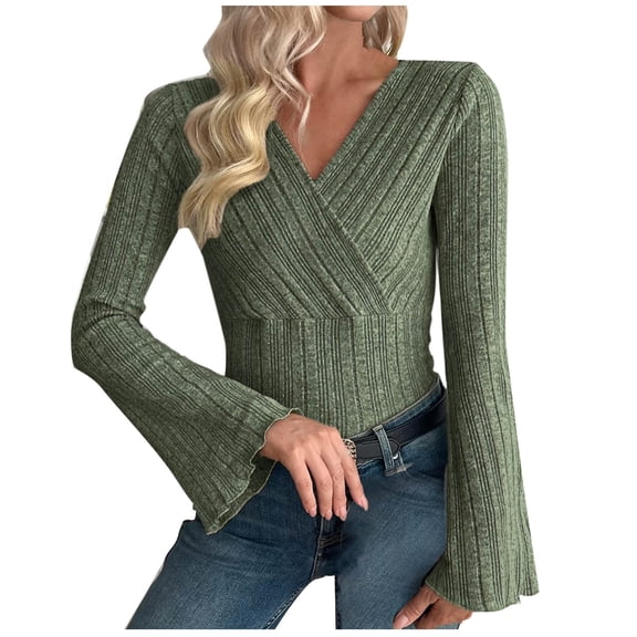 LIaqionyy Women Long Sleeve Tops V Neck Ribbed Knit Dressy Casual Tee Shirt Trendy Fall Blouse Outfits