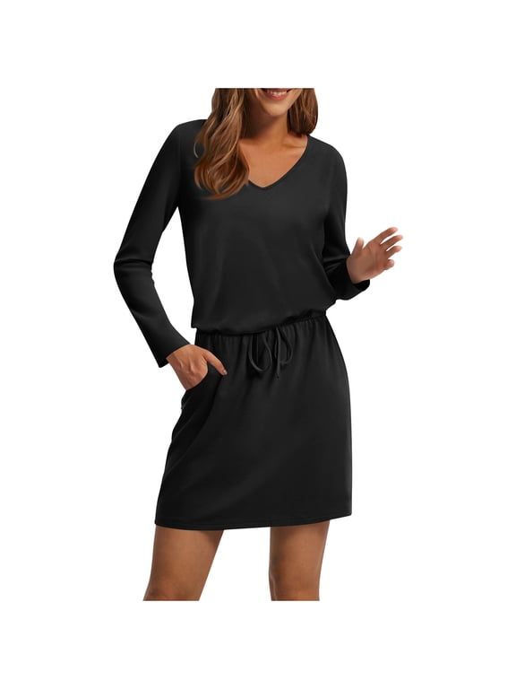 Women Midi Dresses Long Sleeve Casual V Neck Drawstring Knee Length T Shirt Dress with Pocket