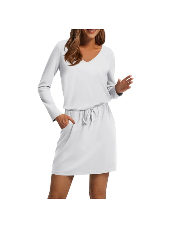 Women Midi Dresses Long Sleeve Casual V Neck Drawstring Knee Length T Shirt Dress with Pocket