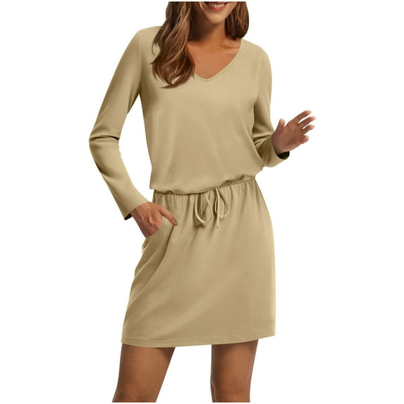 LIaqionyy Women Midi Dresses Long Sleeve Casual V Neck Drawstring Knee Length T Shirt Dress with Pocket