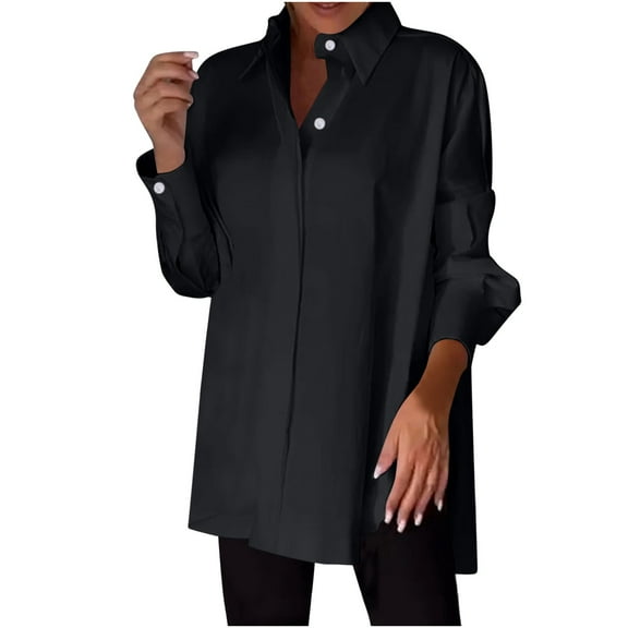 LIaqionyy Women Oversized Dress Shirts Button down Casual Collar Tunics Long Sleeve Solid Color Blouse Tops S-5XL