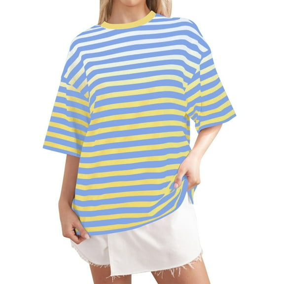 LIaqionyy Women Oversized Striped Short Sleeve Shirt Color Block Crew Neck T Shirts Casual Loose Pullover Tops