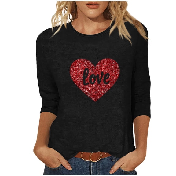 LIaqionyy Women Plus Size 3/4 Sleeve Shirts Crew Neck Casual Loose Fashion Tops Valentine's Day Clothes
