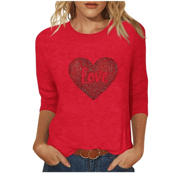 LIaqionyy Women Plus Size 3/4 Sleeve Shirts Crew Neck Casual Loose Fashion Tops Valentine's Day Clothes
