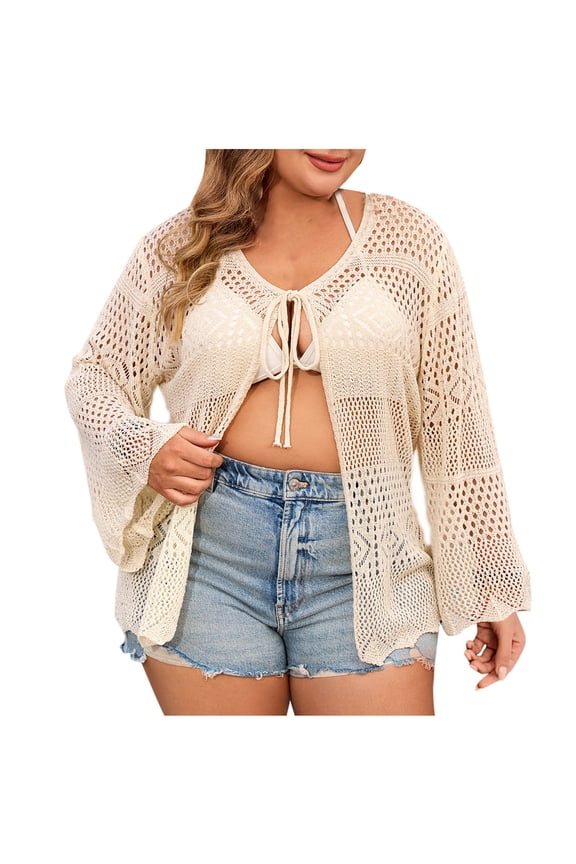 Women Plus Size Crochet Cardigan Lightweight Tie Front Hollow out Long Sleeve Summer Knit Cover up Cardigans