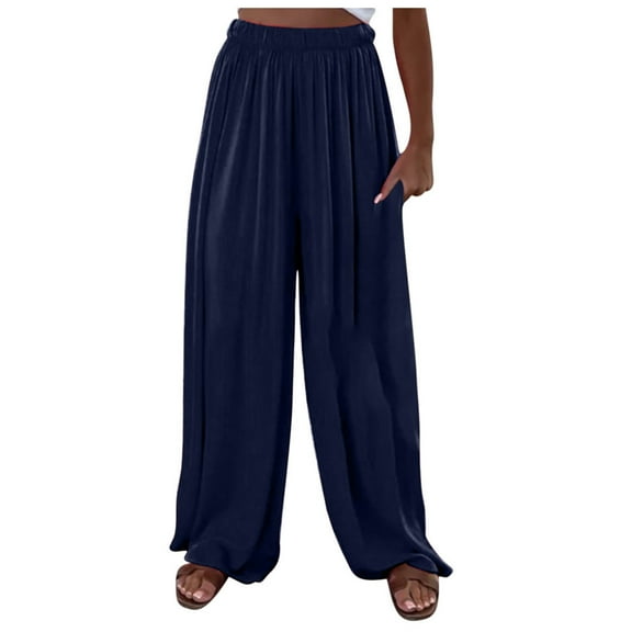 LIaqionyy Women Plus Size Pants Elastic Waisted Casual Palazzo Wide Leg Fall Lounge Trousers with Pocket