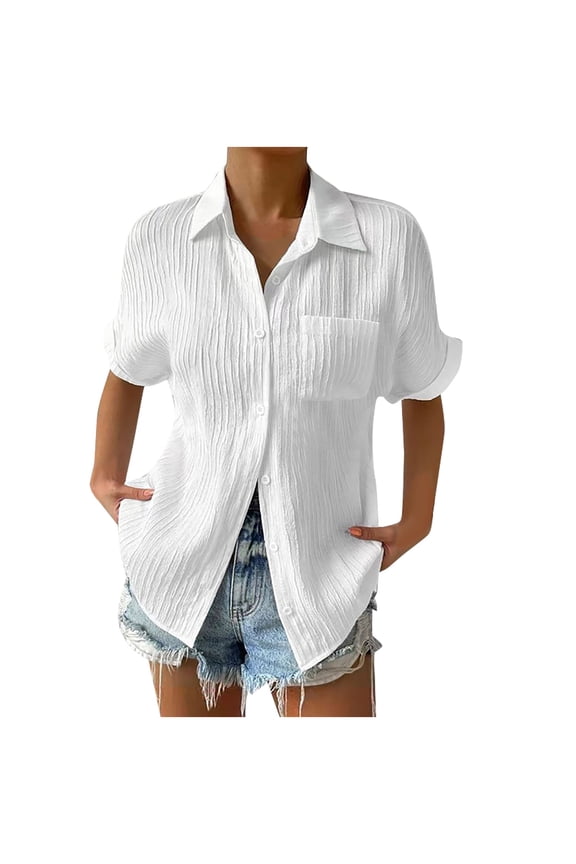Women Plus Size Short Sleeve Shirts Button down Collared Summer Blouse Casual Tops with Pockets