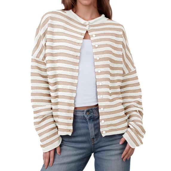 LIaqionyy Women Striped Sweater Cardigan Long Sleeve Open Front Button down Lightweight Crewneck Casual Fall Sweaters