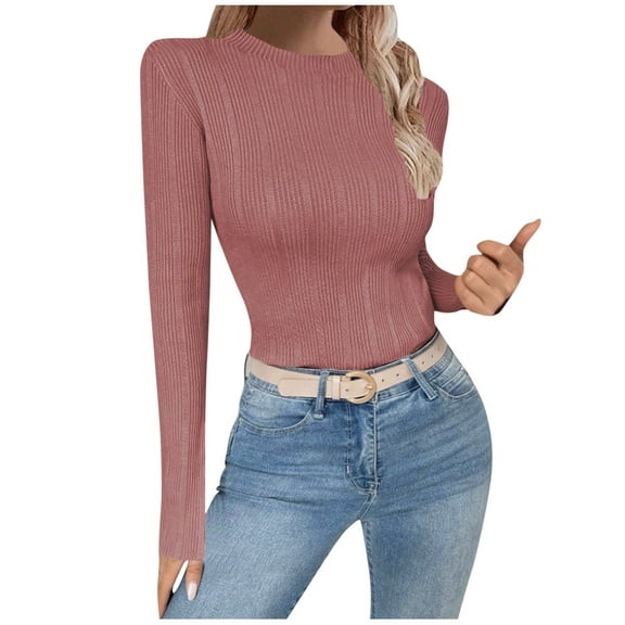 LIaqionyy Women Sweaters Crew Neck Ribbed Knit Long Sleeve Trendy Fall Tops Slim Casual Pullover Winter Outfits