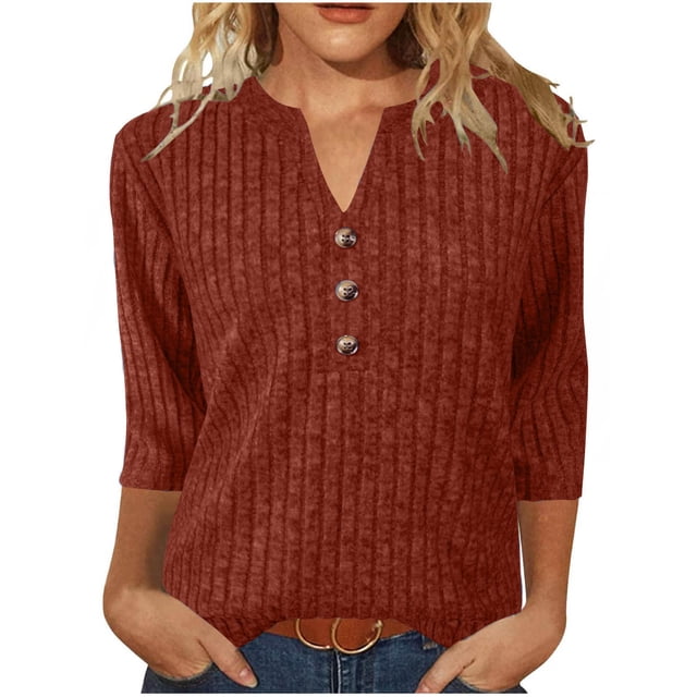 LIaqionyy Women V Neck Sweaters Pullover Lightweight Knitted 3/4 Sleeve Fall Fashion Blouse Tunic Tops