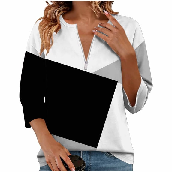 LIaqionyy Women's 3/4 Length Sleeve Tops Summer Zipper T Shirts Casual Ladies Tees Trendy Tunic Spring Clothes